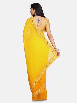 Yellow Mirror Work Georgette Saree With Blouse For Women 5