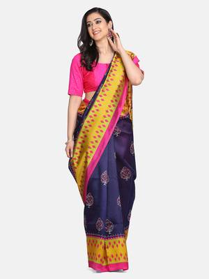 blue printed art silk saree with blouse 1