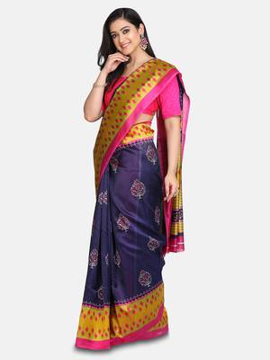blue printed art silk saree with blouse 2