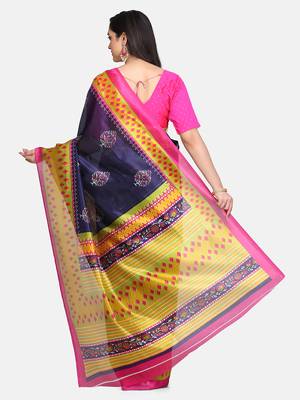 blue printed art silk saree with blouse 3