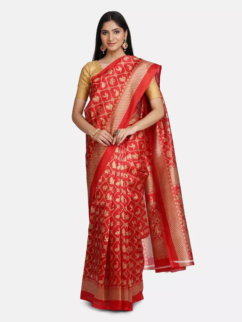 red artsilk abstract print  sarees