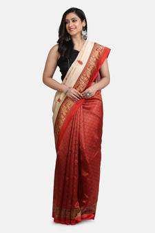 Cream Art Silk Printed Saree With Blouse For Women