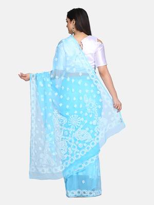 Blue Hand Embroidered Faux Georgette Women Lucknowi Chikankari Saree With Blouse 7