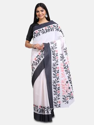 White printed linen saree with blouse 2