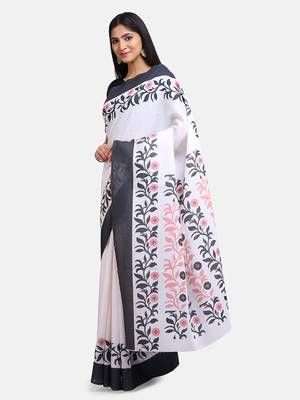 White printed linen saree with blouse 1