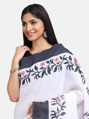 White printed linen saree with blouse 3