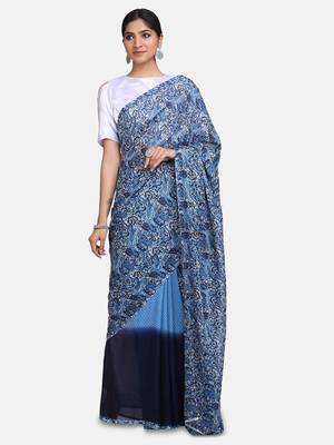 Blue Printed Georgette Saree With Blouse 1