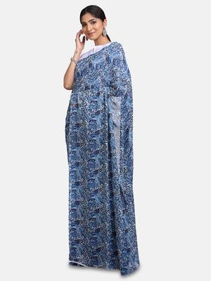 Blue Printed Georgette Saree With Blouse 2