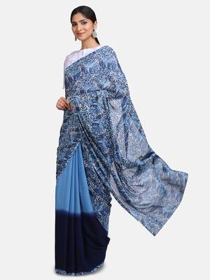Blue Printed Georgette Saree With Blouse 3
