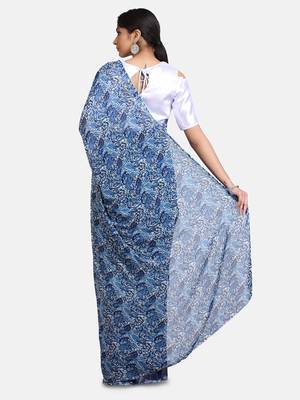 Blue Printed Georgette Saree With Blouse 4