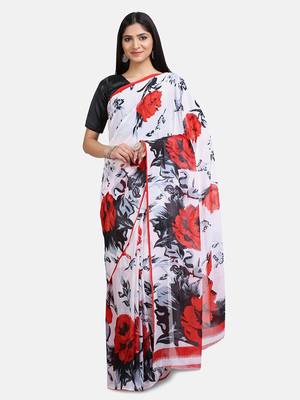 White Printed Georgette Saree With Blouse 3