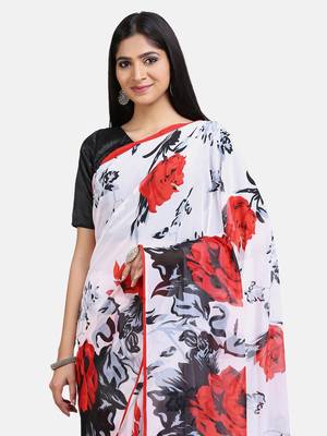 White Printed Georgette Saree With Blouse 4