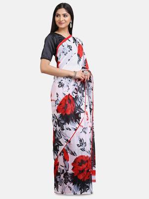 White Printed Georgette Saree With Blouse 6