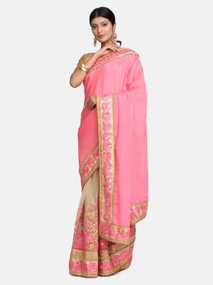 Pink embroidered georgette saree with blouse 3
