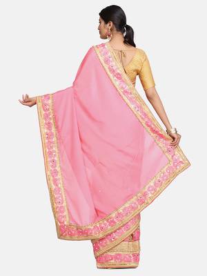 Pink embroidered georgette saree with blouse 5