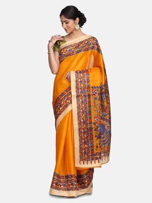 Yellow printed bhagalpuri cotton saree with blouse 1