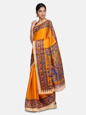 Yellow printed bhagalpuri cotton saree with blouse 3