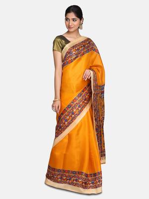 Yellow printed bhagalpuri cotton saree with blouse 4