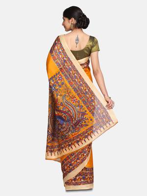 Yellow printed bhagalpuri cotton saree with blouse 5