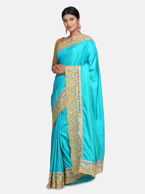 Turquoise Embroidered Art Silk Saree With Blouse 3