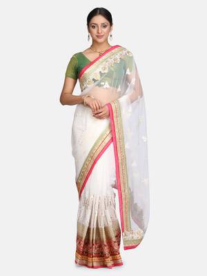 Off-White embroidered Georgette saree with blouse 1
