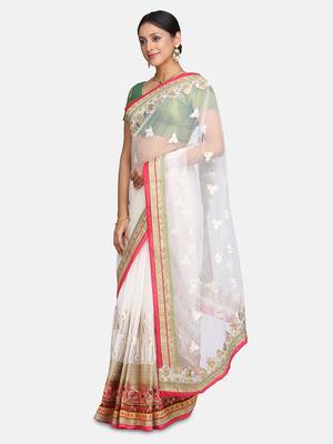 Off-White embroidered Georgette saree with blouse 3