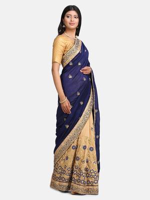 Blue embroidered georgette saree with blouse 4