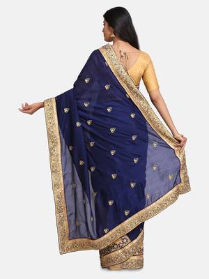 Blue embroidered georgette saree with blouse 5