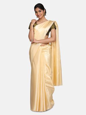 Antique gold plain fancy fabric saree with blouse 3
