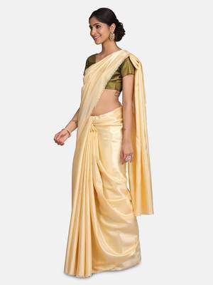 Antique gold plain fancy fabric saree with blouse 4