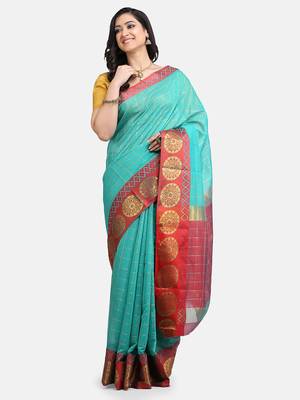 Women's Green Checkered Chanderi Cotton Zari work Saree 1