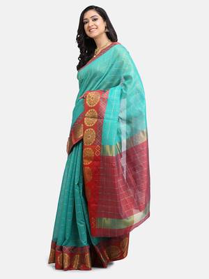 Women's Green Checkered Chanderi Cotton Zari work Saree 3