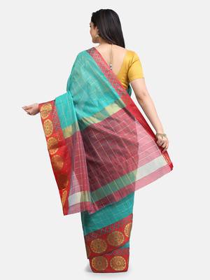 Women's Green Checkered Chanderi Cotton Zari work Saree 4