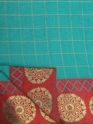 Women's Green Checkered Chanderi Cotton Zari work Saree 5