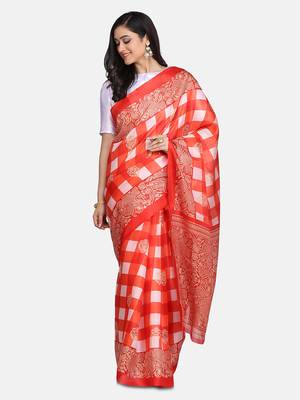 Red printed art silk saree with blouse 1