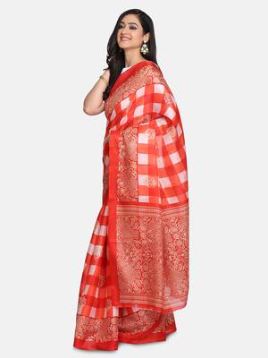 Red printed art silk saree with blouse 3