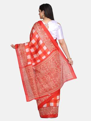 Red printed art silk saree with blouse 4