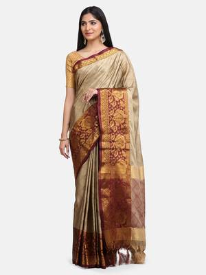 Beige woven cotton silk saree with blouse 1