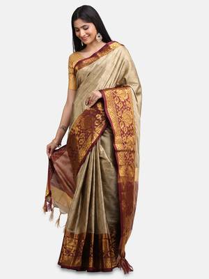 Beige woven cotton silk saree with blouse 4