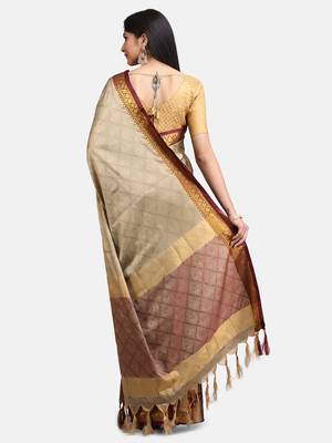 Beige woven cotton silk saree with blouse 5