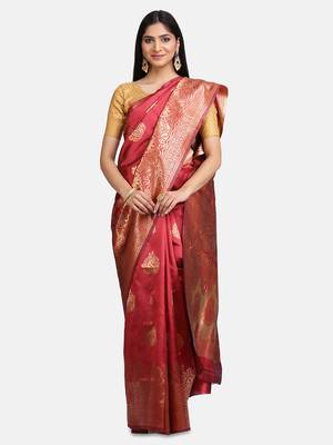 Peach Woven Silk Saree With Blouse 1