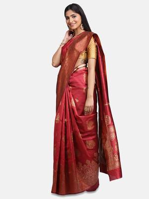 Peach Woven Silk Saree With Blouse 3