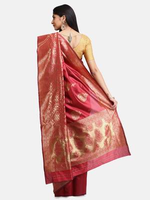 Peach Woven Silk Saree With Blouse 4