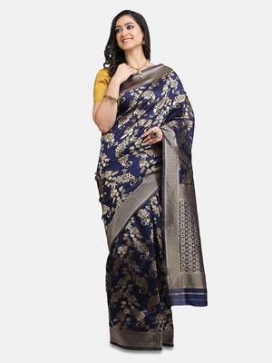 Navy Blue Woven Art Silk Saree With Blouse 1