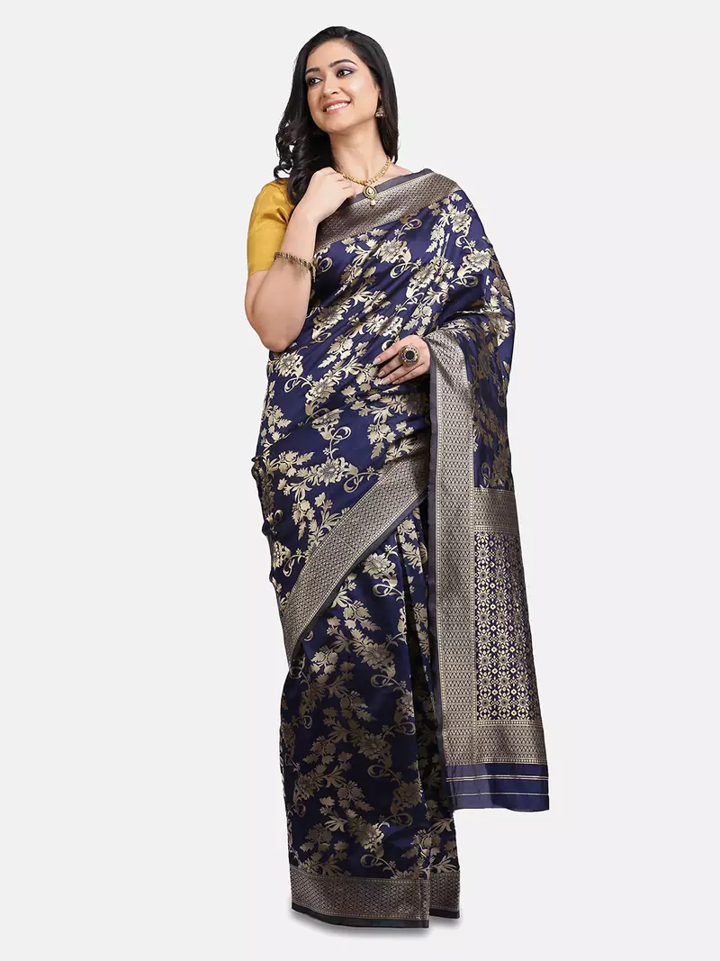 Navy Blue Woven Art Silk Saree With Blouse