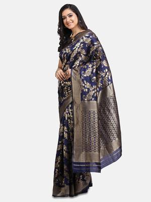Navy Blue Woven Art Silk Saree With Blouse 3