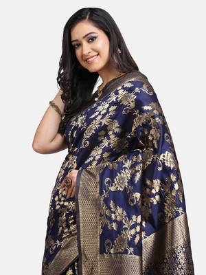 Navy Blue Woven Art Silk Saree With Blouse 4