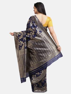 Navy Blue Woven Art Silk Saree With Blouse 5