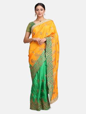 Orange embroidered silk saree with blouse 1