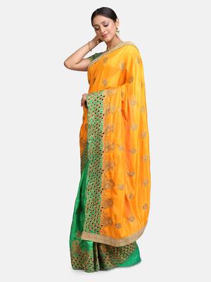 Orange embroidered silk saree with blouse 3